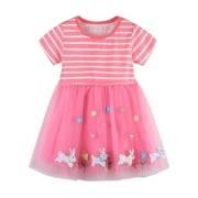 AOMPMSDX Easter Clothes Toddler Girls Short Sleeve Tulle Bunny Prints Princess Dress Clothes Spring Summer Outfits Pink 5 Years-6 Years